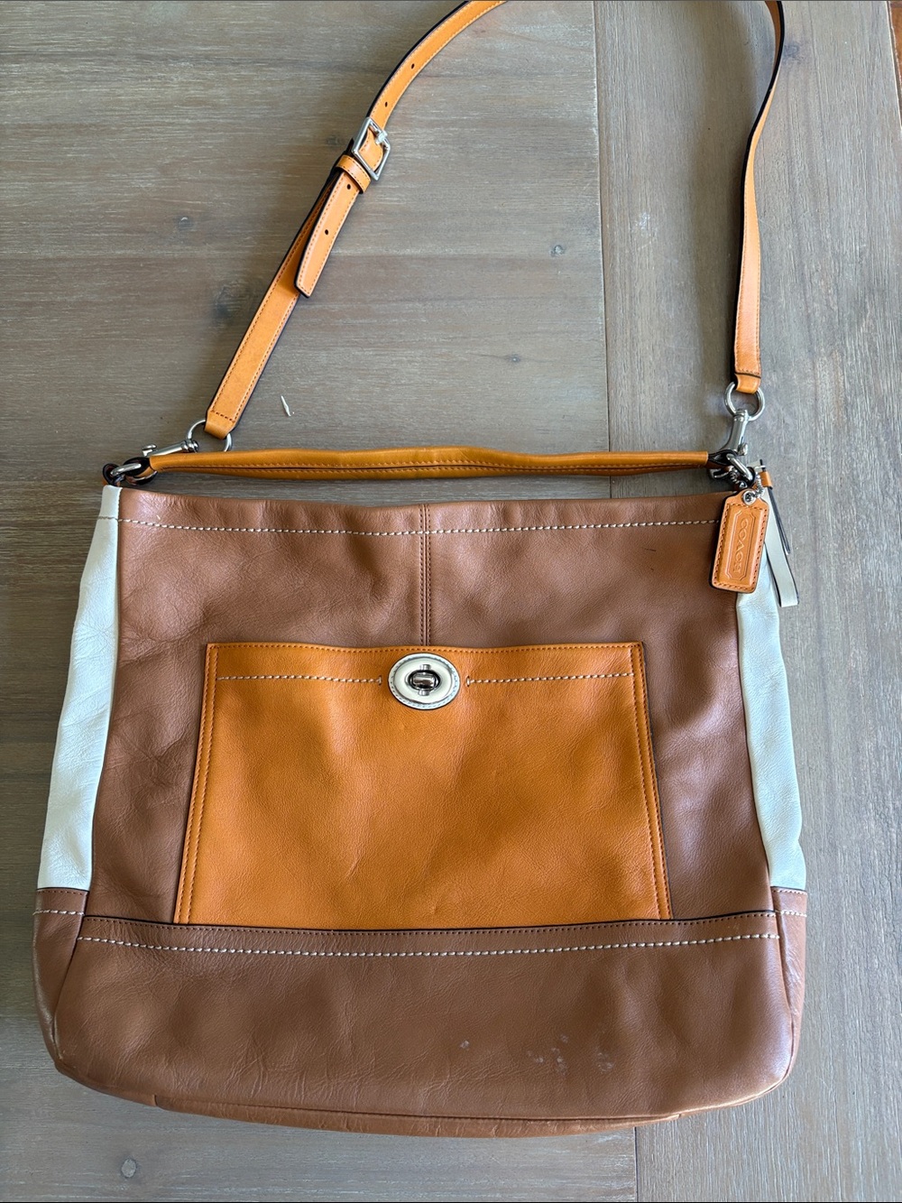 Coach Two-Tone Tan, Brown & Cream Leather Shoulder Bag
